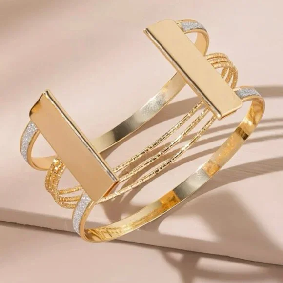 Glitter Detail Cuff Bangle Gold Bracelet For Women Wedding Party Gift - Picture 2 of 3